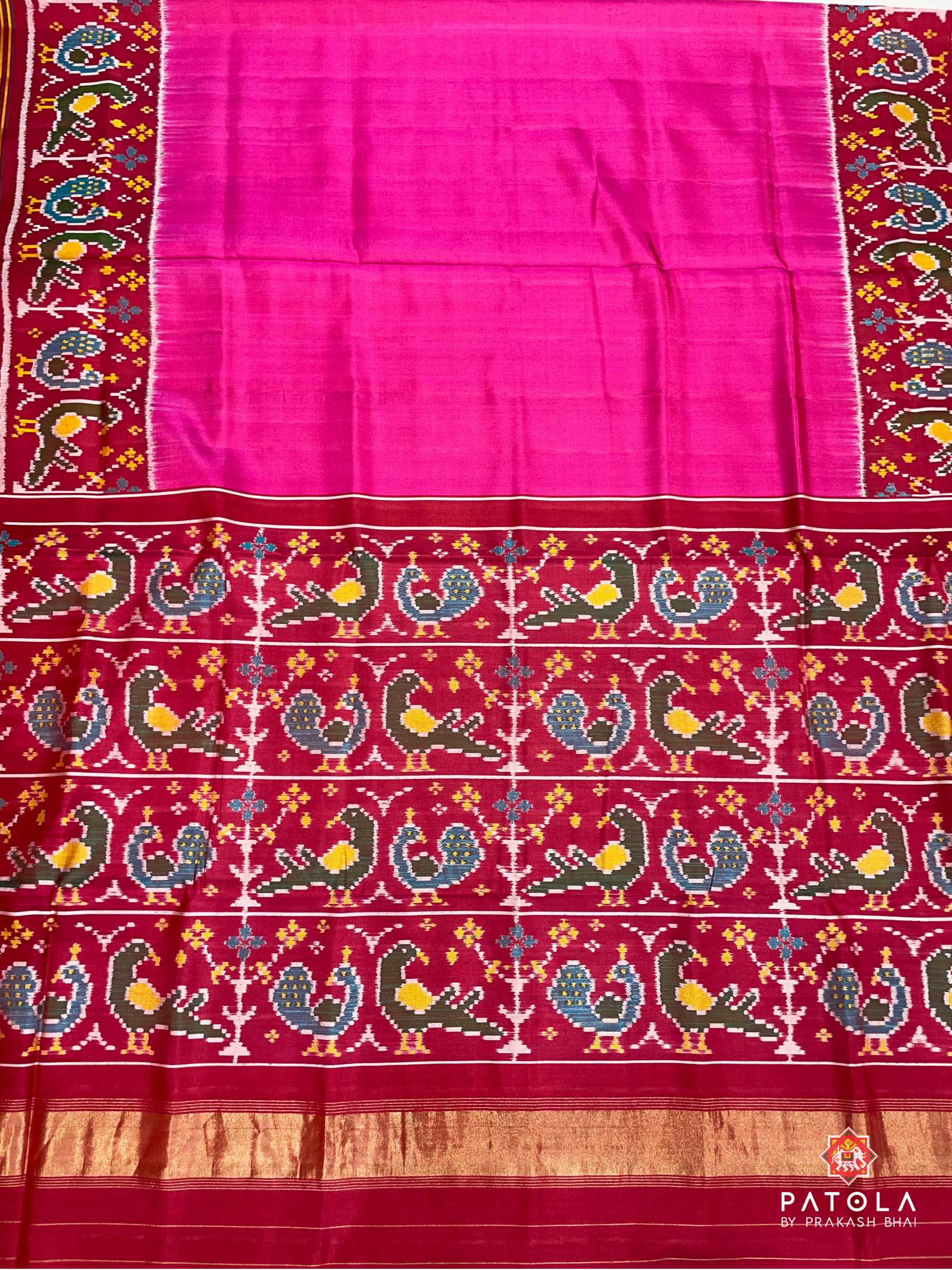 Plain Design & Peacock Border With Patola Designer Blouse Semi Double Ikat Patola Saree